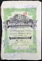 Belgium / Liége 1911. "Liége Központi Bank" részvény 500Fr-ról, szelvényekkel és bélyegzés...