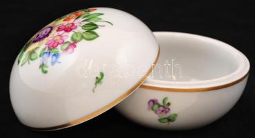 Herendi virágmintás porcelán bonbonier, kézzel festett, hibátlan, jelzett, d: 7,5 cm, m: 5,5 cm