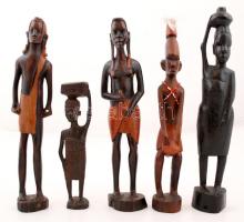 5 db különféle afrikai motívumos fából készült szobor, jelzés nélkül, némelyik apró kopásnyomokkal, különböző méretben