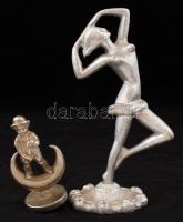 Táncoló nő, ezüstszínűre festett fém szobor, jelzés nélkül, m: 20 cm + Félholdon álló pisilő férfit ábrázoló felcsavarozható kisméretű szobor, m: 10 cm