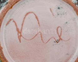 Piros-fekete kerámia tál, hibátlan, jelzett, d: 20 cm, m: 8 cm