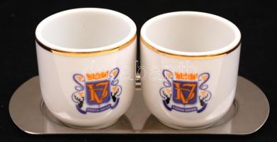 Hollóházi porcelán kupica, 2 db, matricás, jelzett, hibátlan, fém tálcával
