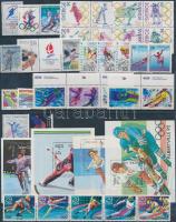 Winter Olympics 4 diff blocks + 2 diff blocks of 4 + 5 diff sets + 1 stripe of 3 + 1 stripe of 5 + 3 diff stamps on 2 stock cards, Téli olimpiai motívum 4 klf blokk + 2 klf négyestömb + 5 klf sor + 1 hármascsík + 1 ötöscsík + 3 klf önálló érté 2 db stecklapon
