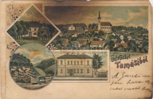 Tamási, Tolnatamási; Miklósvár, vadaskert, takarékpénztár; kiadja Jeruzsálem Ede; floral litho (b)