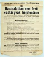 1940 Budapest Székesfőváros Polgármesterének hirdetménye  használatban nem lévő vastárgyak bejelentésére vonatkozólag,plakát,  61x47cm