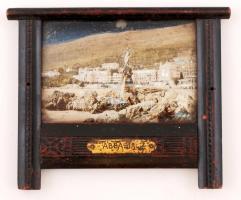 "Abbazia" feliratú fényképes szuvenír, kis fa keretben, gyöngyházfényű üvegezéssel, 11×14 cm
