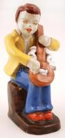 Hangszeren játszó fiú, festett mázas kerámia figura, jelzés nélkül, kis sérüléssel, m: 17 cm