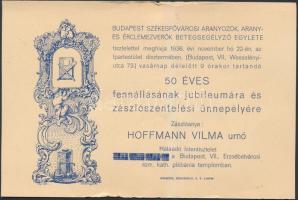 1936 Budapest Székesfővárosi Aranyozók, Arany és Érclemezverők Betegsegélyező Egylete 50 éves fennállásának zászlószentelő ünnepélyére szóló meghívó, 12x18cm