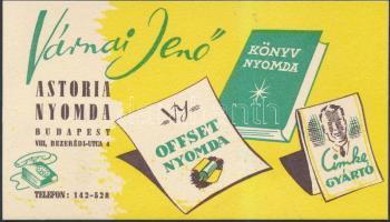 1939 Várnai Ernő Könyv Nyomda reklám nyomtatvány, 9x16cm