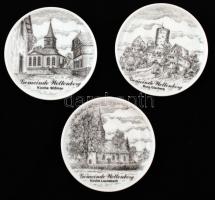 3 db német városképes porcelán tálka, matricás, jelzés nélkül, apró kopásnyomokkal, d: 10 cm + 1 db ...
