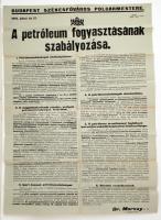 1940 Budapest Székesfőváros Polgármestere petróleum fogyasztásra vonatkozó hirdetménye, plakát, hajtogatva, 84x62cm