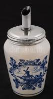 Delft kékfestett cukorszóró fém rátéttel, jelzett, máz alatti repedésekkel, m: 15,5 cm