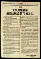 1946 Budapest Székesfővárosi Közlekedési Részvénytársaság hirdetménye valamennyi alkalmazottjához,plakát. Kis gyűrődéssel, 60x41cm