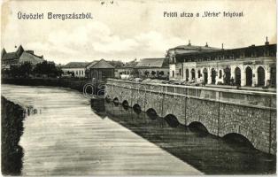 Beregszász, Berehove; Petőfi utca a Vérke folyóval; kiadja Auer K. és Kovács K. / riverside