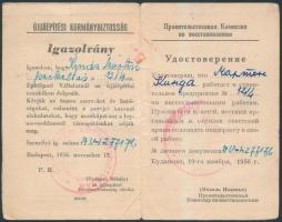 1956 az Újjáépítési Kormánybizottság kétnyelvű, kitöltött igazolványa (nov. 19.)