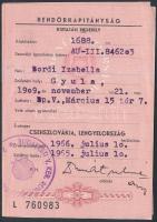 1965 Bordy Bella (1909-1978) színésznő Csehszlovákia és Lengyelország területére szóló kiutazási engedélye, Bp. V. kerületi rendőrkapitánysági bélyegzővel