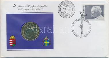 1991. 100Ft "II. János Pál pápa látogatása Magyarországon" érmés borítékban első napi bélyegzős bélyeggel, tájékoztatóval eredeti műbőr tokban T:BU