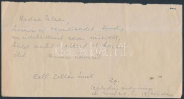 cca 1946(?) Keresztury Dezső (1904-1996) író, költő  Zelk Zoltán (1906-1981) költő részére írt köszönőlevelének kézzel írt fogalmazványa