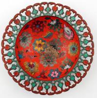 Indiai festett réz tál, festék lepattanásokkal, d:24,5 cm