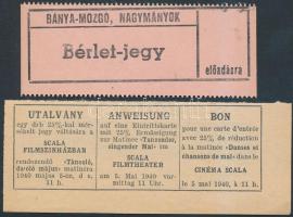 Bánya-Mozgó, Nagymányok, Bérlet-jegy, 8x3cm, Utalvány Scala Filmszínházban, 9x3,5cm