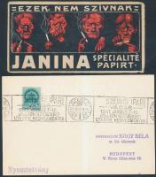 cca 1941 Dohányos reklámok: Janina számoló cédula, 7x13cm, Nikotex Nagybaczoni Nagy Béla m. kir. tábornok részére címezve, 10x15cm