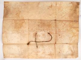 1464 A pozsonyi káptalan által egyszerű hiteles példány alapján kiállított privilegiális oklevele (jún. 12.) az alistáli (Pozsony vm., ma: Dolný Štál, Szlovákia) nemesek és a margitszigeti apácák közötti, Tőnye birtokot (ma Alistál része) is érintő birtokvita rendezéséről, pergamen, foltos, a szöveg néhány helyen elhalványodott, függőpecsét zsinórjának maradványával, 27×36 cm VÉDETT! /  1464 A privilege of the Chapter of Bratislava (on 12 June after a simple authentic issue) regarding the settlement of a property debate between the nobles of Alistál (nowadays Dolný Štál, Slovakia) and the nuns of Margaret Island, among others about Tônye (nowadays part of Dolný Štál) on parchment with stains, the text is faded at some parts, with the remains of the cord of the pendent seal, 27×36 cm PROTECDTED!