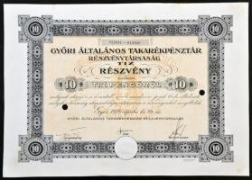 Győr 1926. "Győri Általános Takarékpénztár Részvénytársaság" 10 részvénye egyenként 10P-rő...
