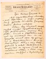 1931 Aradi Közlöny főszerkesztőségének autográf levele fejléces papíron, 29x23cm