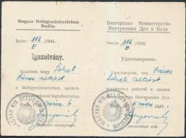 1945 Belügyminisztériumi magyar-orosz kétnyelvű munkaviszony-igazolás