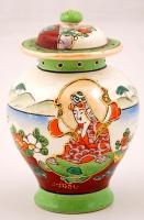 Jeltett kínai fedeles váza, kézzel festett, apró festék hibával, m:13 cm