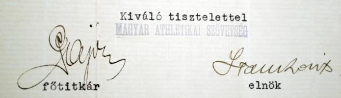 1935 Magyar Athletikai Szövetség levele fejléces papíron az elnök és a főtitkár aláírásával,30x23cm