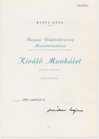 5db klf kitüntetéshez tartozó adományozói okirat és igazolvány, közte 1962. "Bányász Szolgálati...