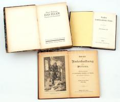 Lexikon fremdsprachlicher Zitate. Herausgegeben von Alfred Hermann Fried. Leipzig, 1888, Drucl und Verlag von Philipp Reclam. Félvászon kötés, jó állapotban; Henri Barbusse: das Feuer. Zürich, 1918, Max Rascher. Félvászon kötés, kissé kopottas állapotban; Bibliothek der Unterhaltung und des Wissens. Stuttgart, 1894, Union Deutsche Verlagsgesellschaft. Egészvászon kötés, jó állapotban.