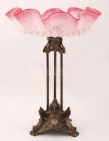 cca 1900 Szecessziós fém kínáló kézi üveggel. Üveg sérült, javított egy helyen. / Art nouveau tray with damaged glass 35 cm