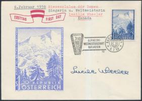 1958 Lucie Wheeler síző aláírása síverseny alkalmi borítékján / Autograph signature of skier Lucie Wheeler