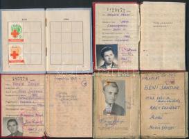 cca 1952-1976 11 db igazolvány(Magyar Vöröskereszt tagsági könyv, Magyar Szocialista Munkáspárt tagsági könyv, Magyar Kommunista Ifjúsági Szövetség tagsági könyv, minősítési igazolvány, Földművesszövetkezeti küldött igazolvány, szakszervezeti tagsági könyv, munkakönyv)