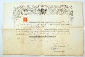 1909 Krassó-Szőrény vármegye, Resiczabánya,  államszámviteltani bizonyítvány, okmánybélyeggel (2kr),kissé viseltes állapotban,  34x50cm