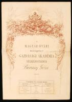 1885 Magyar-Óvári Magyar Királyi Gazdasági Akadémia végbizonyítványa, sok tanári ill., igazgatói aláírással, okmánybélyeggel (50kr),hajtás mentén szakadt, 38x54cm