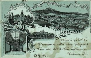 1899 Zbiroh, Kostel Sv. Mikulase, Zamek; Nakladem Vojtecha Cermaka / church, castle, floral litho