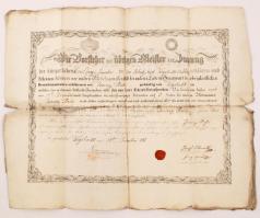 1841 Tanonclevél, szignetás nyomtatvány, viseltes állapotban, 50x40cm