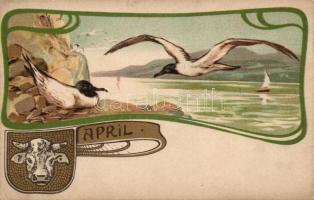 April, birds; Art Nouveau litho
