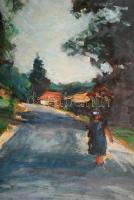 Monos József (1932-): Utcarészlet. Olaj, farost, jelzett, üvegezett keretben, 60×80 cm