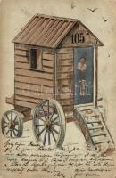 Etching style postcard with the photo of a lady in a beach cabin (wet corner)