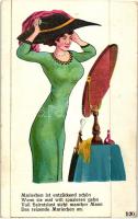Transvestite humorous art postcard, litho folding card (bent til broken)