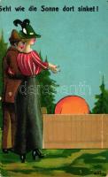 Seht wie die Sonne dort sinket! / Humorous art postcard, lady, litho