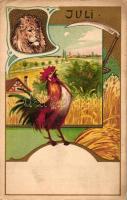 Juli / July, lion, rooster, golden decoration Art Nouveau art greeting postcard, litho (EK)