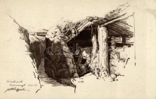 3 db RÉGI használatlan rajzos katonai lap; Kövér Gyula szignóval / 3 old unused graphic military car...