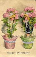 Easter, children, flowers, silver decoration litho s: Ellen H. Clapsaddle (fa)