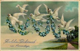 Name Day, doves, flowers, S.B. 2517. H. silver decoration litho (small tear)