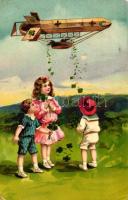Children, airship with clovers, E.A.S. Hochgl. 16231 / Hochgl m. Gold 16232. litho (EB)